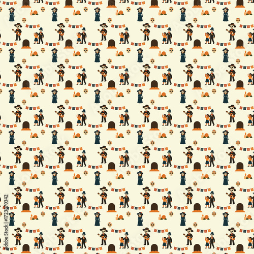 The image shows a seamless Día de los Muertos pattern featuring repeating motifs of skeleton musicians, families with flowers, graves, candles, marigolds, papel picado banners, and festive decorations