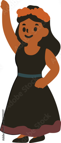 An illustration of a woman in a black dress with a marigold flower crown, raising her hand in celebration, symbolizing Día de los Muertos festivities.