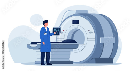 Illustration of a doctor using MRI scanner for diagnostic purposes showing modern healthcare