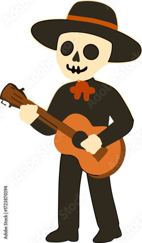 An illustration of a skeleton mariachi musician wearing a sombrero and playing a guitar, symbolizing festive Día de los Muertos celebrations.