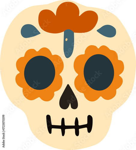 The image shows a colorful sugar skull illustration decorated with orange flower eyes, a red flower on the forehead, and simple patterns, symbolizing Día de los Muertos.
