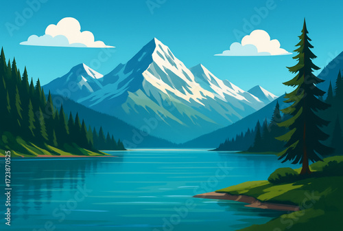 mountain landscape with lake and mountains