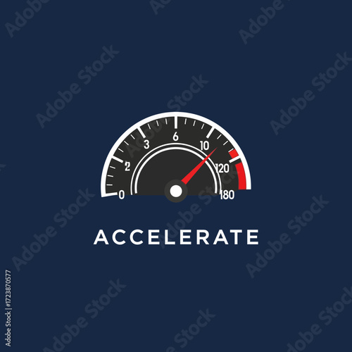 A graphic illustration of a speedometer or tachometer with a red needle pointing to a high value, accompanied by the word 'ACCELERATE' on a dark blue background.
