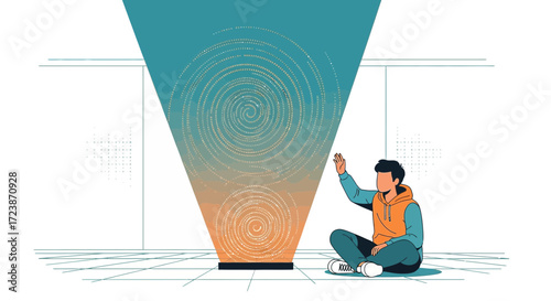 Illustration of a man interacting with a digital hologram in a modern setting