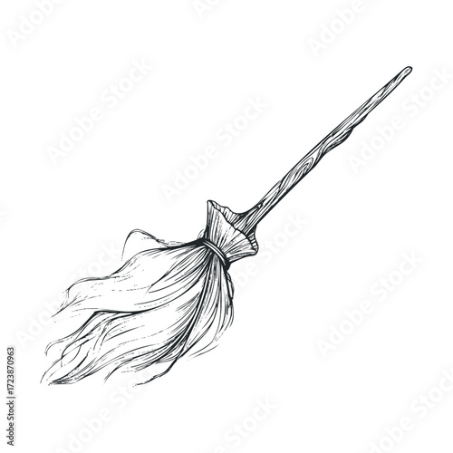 Detailed black and white sketch of a witch's flying broom.