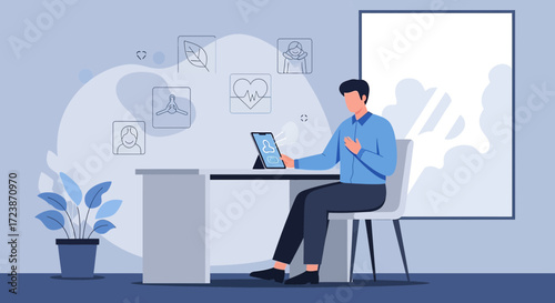Illustration of a man using a tablet for a virtual health consultation at home for wellness