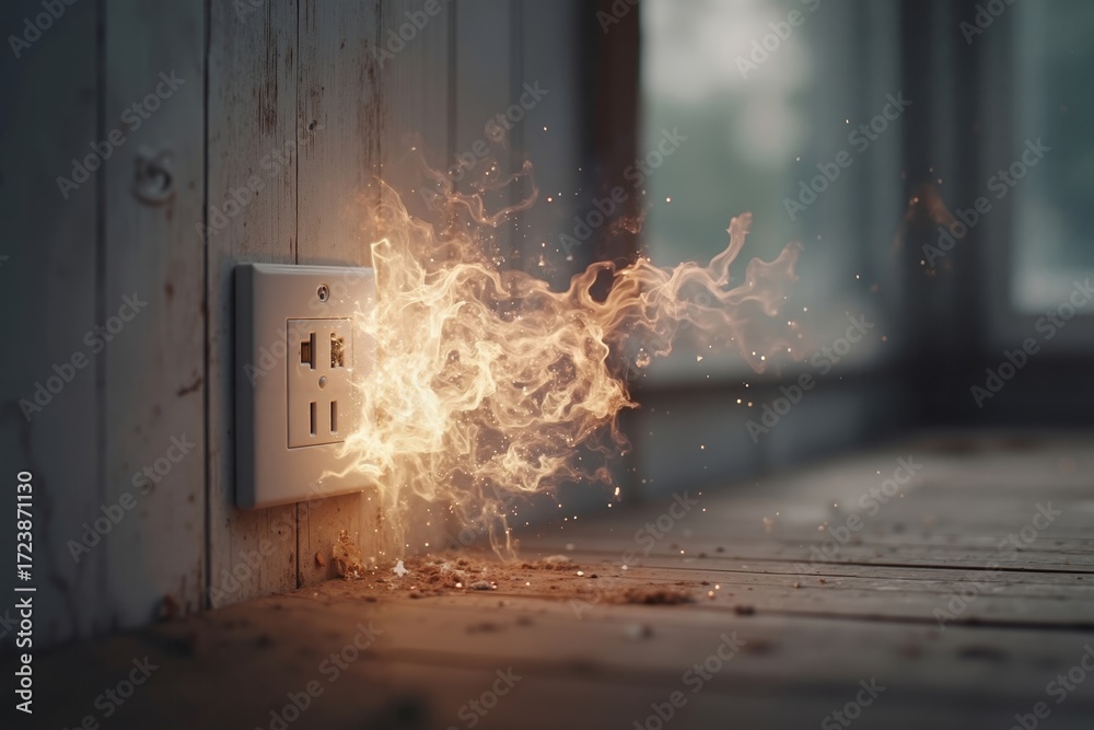 Fototapeta premium A burning electrical outlet on a wooden floor in an empty room