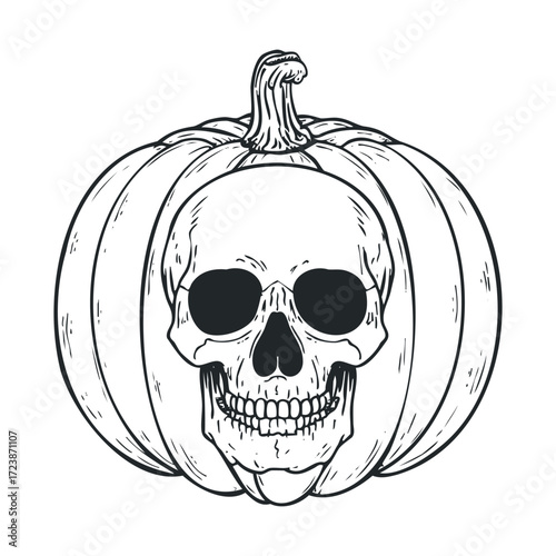 An uncarved squash with a skull face carved into it.