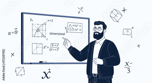 Illustration of a mathematician explaining formulas on a whiteboard with mathematical expressions