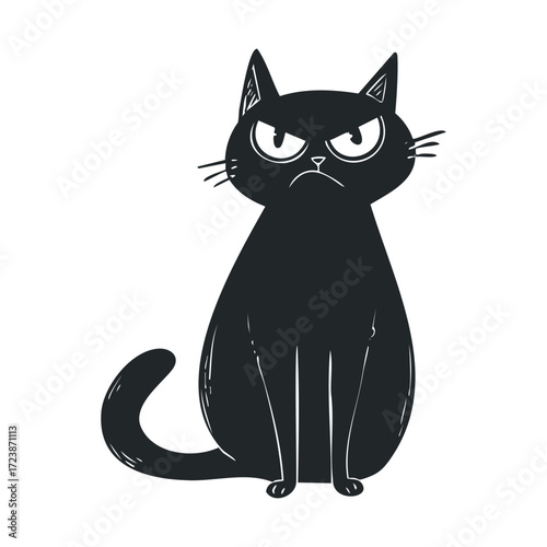 Sketch of a grumpy, black cat with an angry expression.