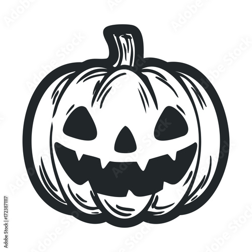  Simple, spooky black and white drawing of a grinning pumpkin.