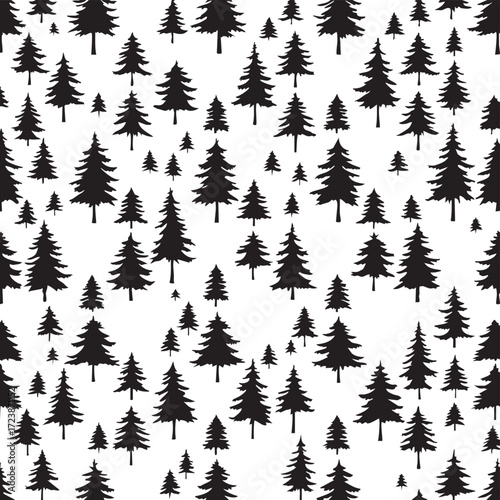  Seamless pattern of scattered black pine and fir tree silhouettes in a repeating forest background.