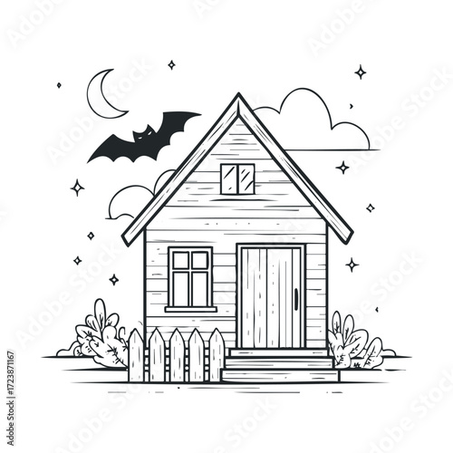 Black and white line drawing of a spooky house at night.