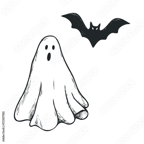 Simple sketch of a startled ghost and a flying bat.