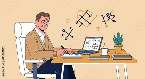 Illustration of a mathematician working at his desk with mathematical symbols hovering above working