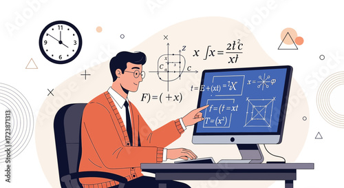 Illustration of a mathematician working with complex equations on a computer screen at desk