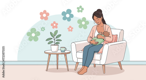 Illustration of a mother breastfeeding her baby in a cozy room with floral decorations