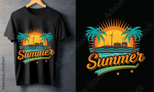 Summer Vibes T-Shirt Design Tropical Sunset, Palm Trees, and Windmills - Retro Style