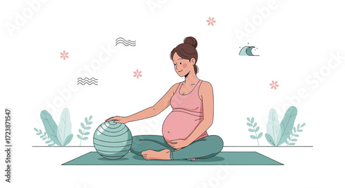 Illustration of a pregnant woman doing yoga with exercise ball for prenatal care