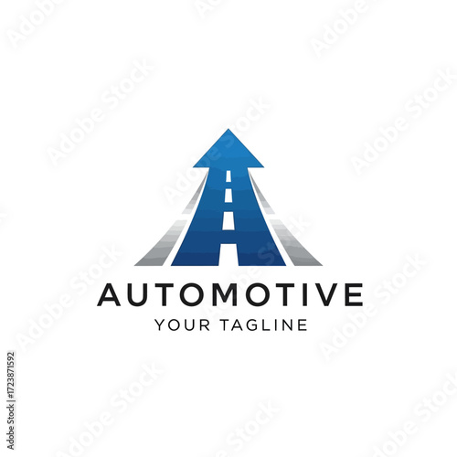A stylized blue road forming an upward arrow, symbolizing progress and the automotive industry, with the text 'AUTOMOTIVE YOUR TAGLINE' below.