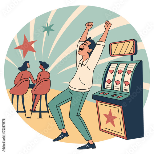 Vector illustration of happy man celebrating jackpot win at slot machine in casino with people and stars.