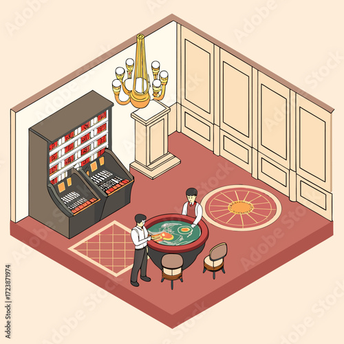 Vector isometric illustration of casino interior with roulette table slot machines and croupier at work