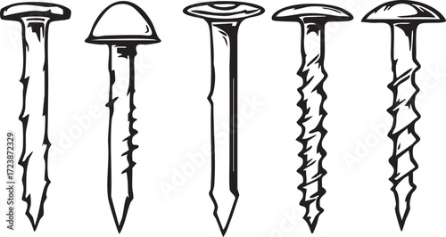 Set of five hand-drawn nails with various heads and twisted or grooved shanks, line art illustration.