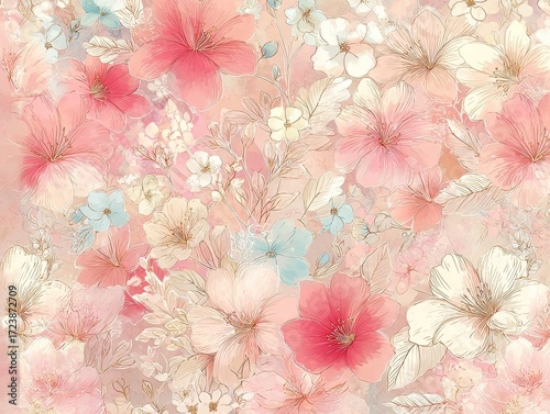 Delicate watercolor seamless pattern with chrysanthemums, daisy, wildflowers in romantic, dreamy spring tones