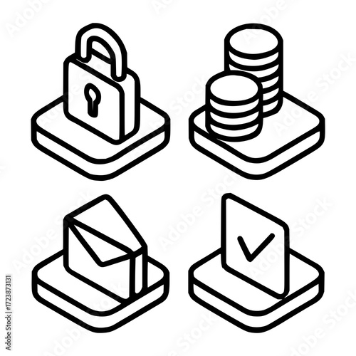 Icon set consists of four elements, each in black outline on individual platforms. Top left shows a padlock