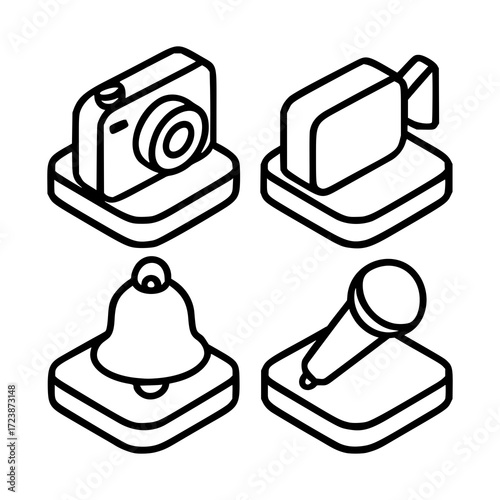 Black and white icon set featuring four elements: a camera, a video camera, a bell, and a microphone