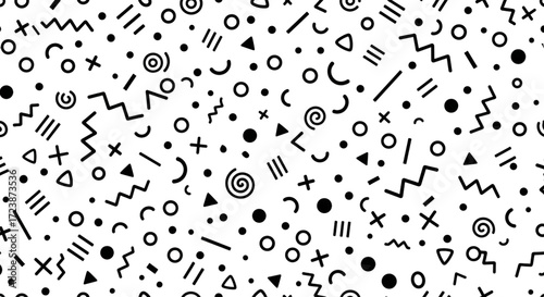 Playful abstract pattern of black and white geometric shapes and squiggles creating a retro feel.