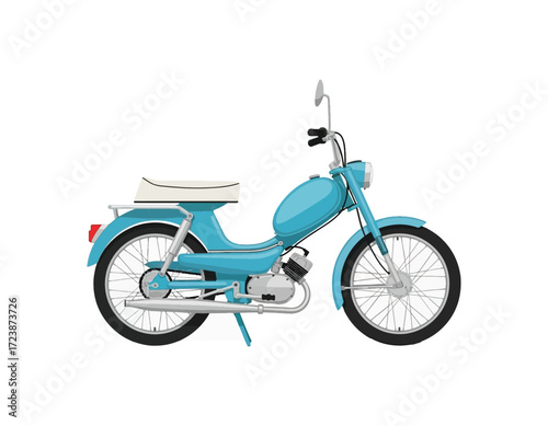 A detailed vector illustration of a classic light blue moped with a vintage design. This retro motorized bicycle is isolated on a white background, ideal for various projects