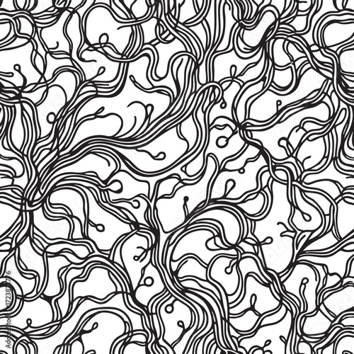  Hand drawn abstract seamless pattern of tangled roots, vines, or nerve fibers for an organic background.