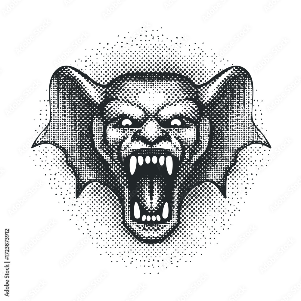 Fototapeta premium Demonic winged face with sharp teeth and an open mouth.