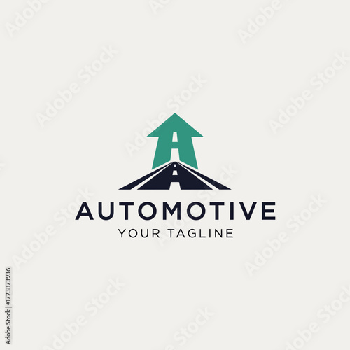 Automotive logo design featuring a road leading to an upward arrow and the letter A, with text 'AUTOMOTIVE' and 'YOUR TAGLINE'.