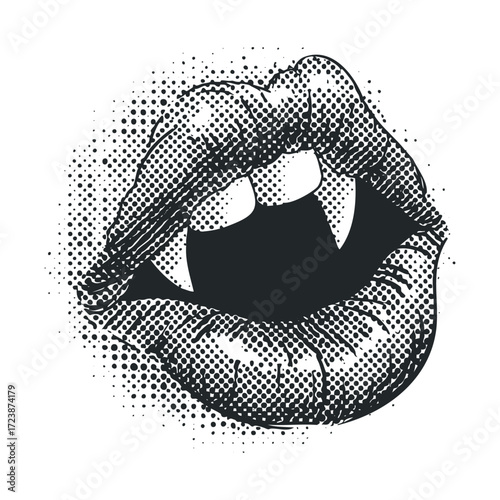 Open mouth with pronounced vampire fangs.