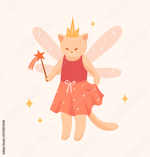 A cute illustration of a beige cat in a fairy costume with wings in a dress with a tiara and a magic wand. Great for card, seasonal print, poster, invitation, sticker
