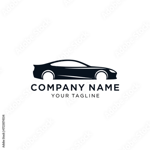 A sleek, black silhouette of a sports car is displayed against a white background, with the words "COMPANY NAME" and "YOUR TAGLINE" printed below.