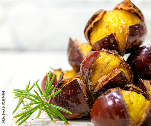 Roasted chestnuts in olive oil and pink salt. An autumn delicacy. White background.