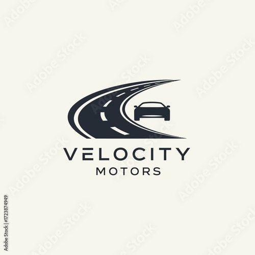 A modern logo for Velocity Motors, featuring a car on a winding road, symbolizing speed and movement.