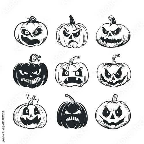 Set of nine spooky and angry carved pumpkin sketches.