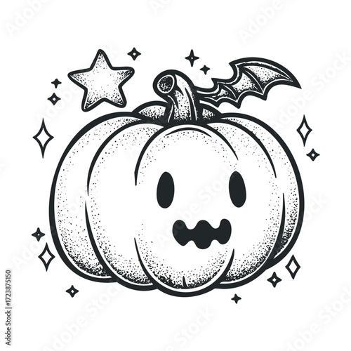 Cute pumpkin drawing with bat wing and star.