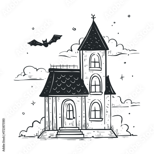 Sketch of a spooky, turreted haunted house at night.