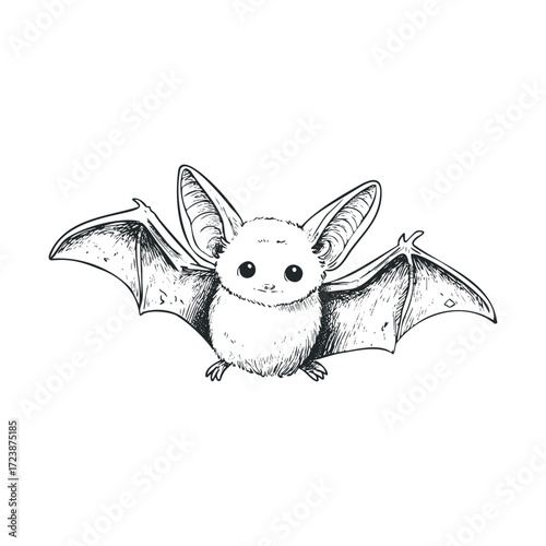 Sketch of a cute, furry bat with large ears.