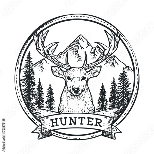 Vintage style sketch of a stag with mountains and trees.