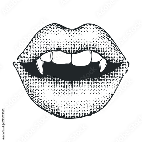  Engraved lips revealing sharp vampire fangs.