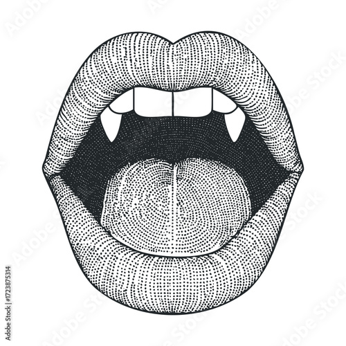 Engraving of open lips with sharp vampire fangs.