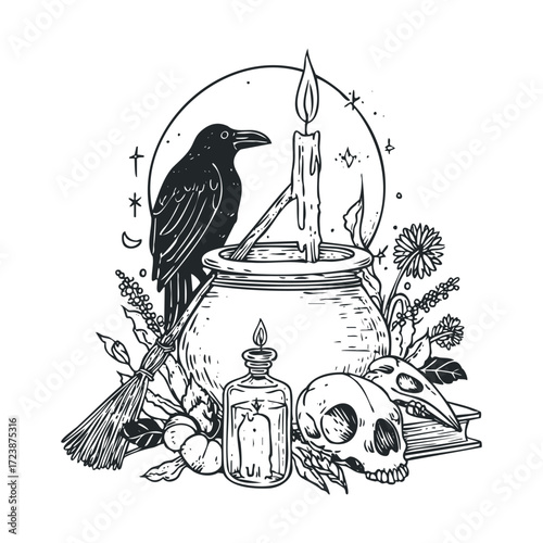 Occult sketch with a crow, cauldron, and various skulls.