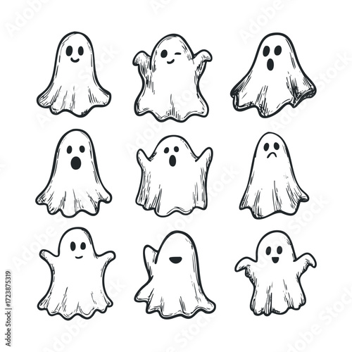 A grid of nine hand-drawn, expressive sheet ghosts.