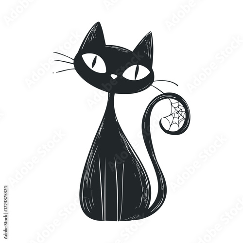 Stylized drawing of a black cat with a web on its tail.